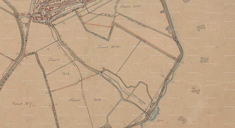 <p>Overzichtskaart met wegen, structuren en bebouwing uit 1896. (Waterlands Archief)</p>
